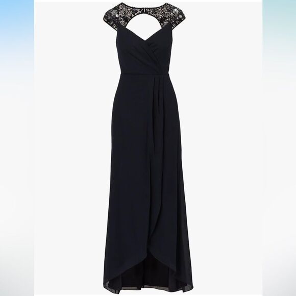 NWT Adrianna Papell | Dark Navy / Black Chiffon Long Maxi Sequin Wrap Dress 4 - Picture 3 of 16